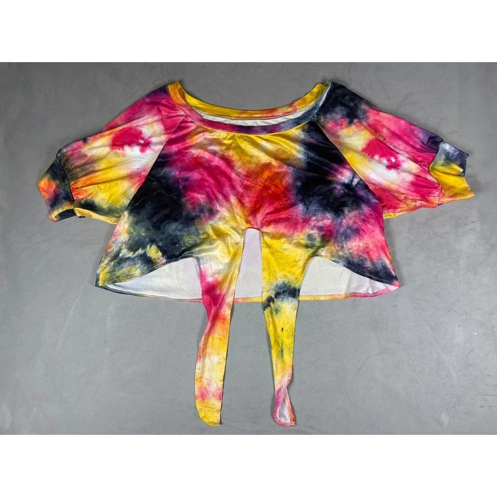 Tie Dye 2 Piece Set Womens 2XL Pink Yellow Black Crop Tie Front Top Biker Shorts